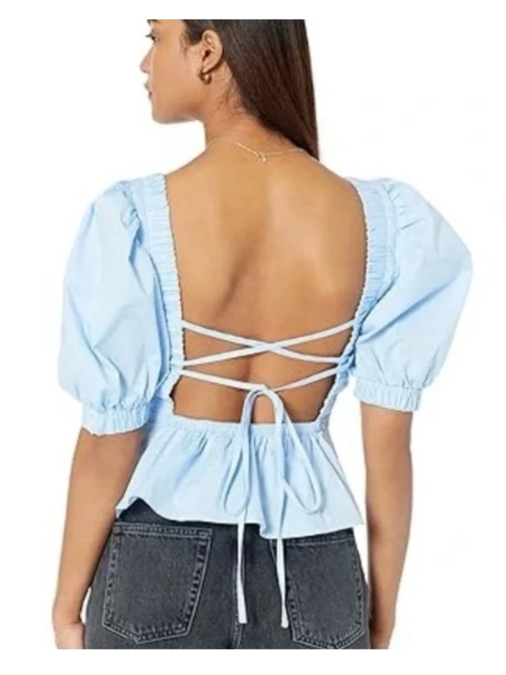 Bardot Light Blue Backless Peplum Poplin Top Size XS - Picture 2 of 8